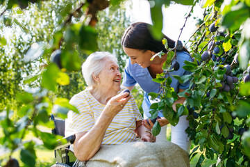 Home nurse spending time with elderly lady patient in garden.