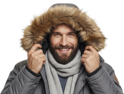 Happy smiling man in winter parka with fur hood and grey scarf on a transparent background, PNG image, PNG file - Powered by Adobe
