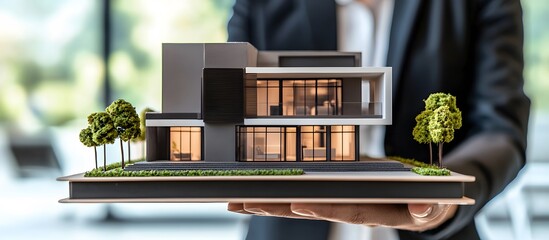 Real estate agent holding model house