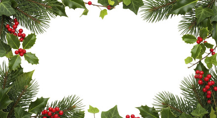 Festive winter frame with holly berries, pine branches, and ivy leaves on a transparent background, PNG image