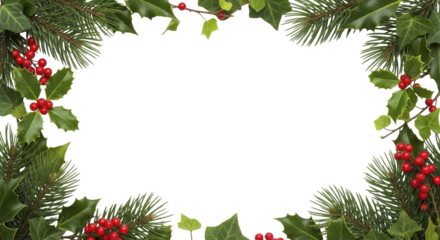 Festive winter frame with holly berries, pine branches, and ivy leaves on a transparent background, PNG image