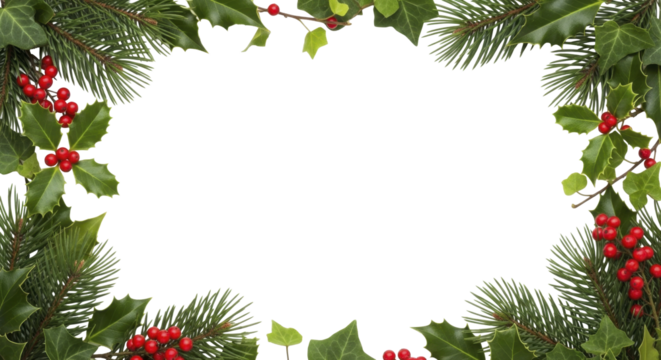 Festive winter frame with holly berries, pine branches, and ivy leaves on a transparent background, PNG image