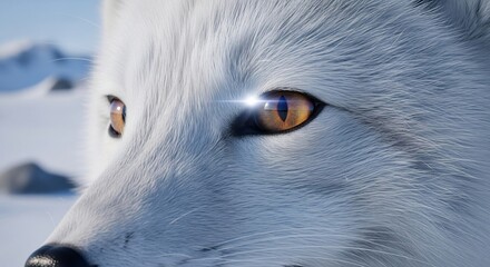 Close up of an Arctic fox's intense gaze as sunlight glints off its piercing eyes, showcasing the stunning beauty of its winter fur in a snowy, mountainous landscape