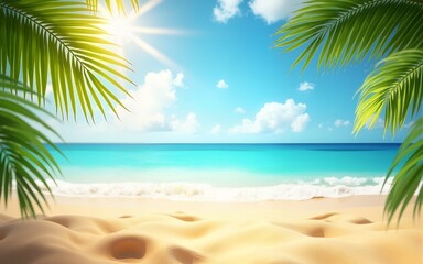 Obraz premium Summer background with frame, nature of tropical golden beach with rays of sun light and leaf palm. Golden sand beach close-up, sea water, blue sky, white clouds. Copy space, summer vacation concept.