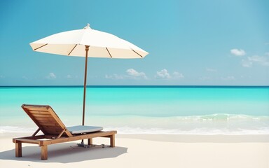 Fototapeta premium Chaise lounge and umbrella on sand beach. High quality