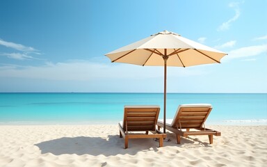 Fototapeta premium Chaise lounge and umbrella on sand beach. High quality