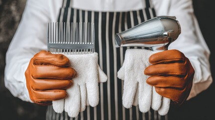 Hair styling action with combs and blow dryer salon setting professional tools indoor close-up perspective