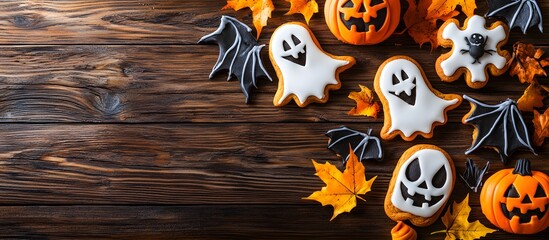 Assortment of delicious traditional Halloween cookies, copy space