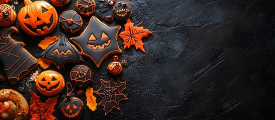 Assortment of delicious traditional Halloween cookies, copy space