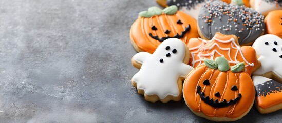 Assortment of delicious traditional Halloween cookies, copy space