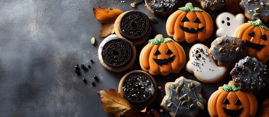 Assortment of delicious traditional Halloween cookies, copy space