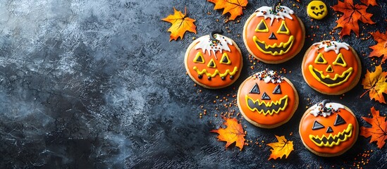 Assortment of delicious traditional Halloween cookies, copy space