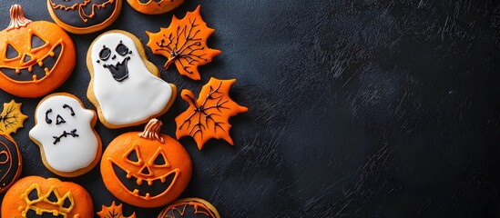 Assortment of delicious traditional Halloween cookies, copy space