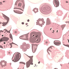 Fototapeta premium Cute Cat Floral Seamless Pattern – Adorable Cats and Brown Flowers Digital Paper, Cozy Neutral Cat Pattern PNG