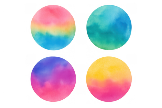 Watercolor gradient circles set featuring abstract colorful textures, vibrant paint gradients, and a transparent background