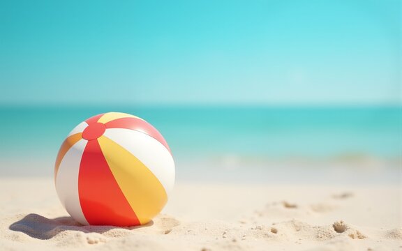 Summer vacation, holiday, travel, tourism, beach , leisure time concept. A serene beach setting with a large, striped beach ball placed on the sand. Space for text. High quality