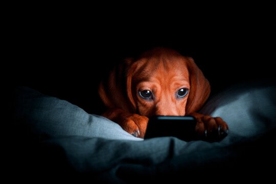 Nighttime fright: puppy and smartphone light the way. Unread email stress. The toxic effect of too many emails and instant notifications. Puppy in room. Constant pings stress.