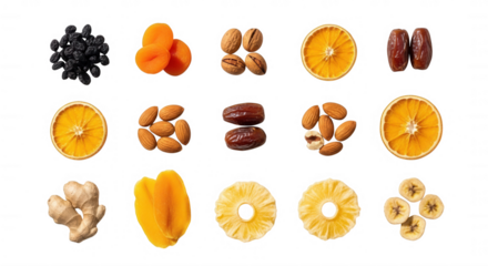 Dried fruits nuts citrus ginger isolated on a transparent background