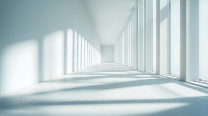 Fototapeta premium Bright and airy architectural hallway featuring clean lines minimalist glass windows and symmetrical shadows creating a serene and contemporary commercial or office space design