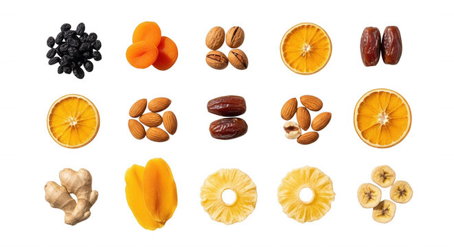 Dried fruits nuts citrus ginger isolated on a transparent background