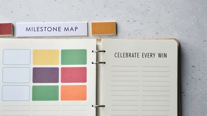 Stylish milestone map in a planner highlighting colorful stickers and a motivational phrase to celebrate every achievement