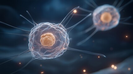 Microscopic scene showing translucent biological cell layers with a visible nucleus and fibrous filaments extending outward, representing genetic research, cellular communication, and molecular