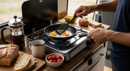 A man cooking a fresh breakfast of fried eggs on a portable stove in a camper van. Van life and road trip lifestyle concept