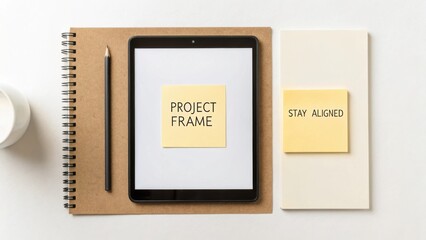 Creative workspace setup featuring tablet, notepad, sketchbook, sticky notes, and pencil for project management and planning