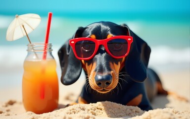 beautiful dog of dachshund, black and tan, buried in the sand at the beach sea on summer vacation holidays, wearing red sunglasses with coconut cocktail. High quality