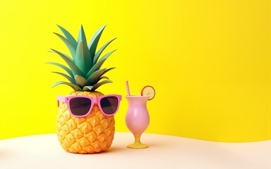 Pineapple with sunglasses resting and drink cocktail on the beach, Summer vacation concept on yellow background 3d render 3d illustration. High quality