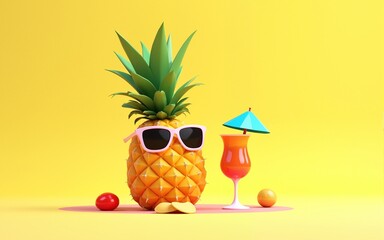 Pineapple with sunglasses resting and drink cocktail on the beach, Summer vacation concept on yellow background 3d render 3d illustration. High quality