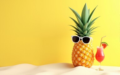 Pineapple with sunglasses resting and drink cocktail on the beach, Summer vacation concept on yellow background 3d render 3d illustration. High quality
