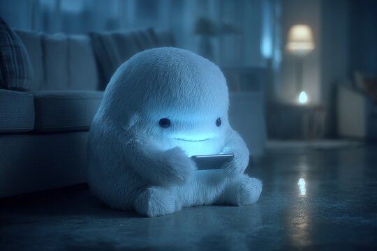 Charming whale's nighttime phone scare. Funny whale. Digital currency: financial liberation or clever manipulation. Whale in dark. Crypto profit methods.