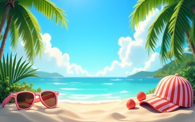 Tropical beach with sunbathing accessories, summer holiday background. High quality