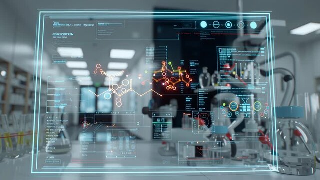 AI interface displaying compound optimization algorithms on transparent holographic screen, clean laboratory aesthetic, ai compound optimization