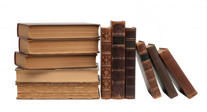 Aged leather bound volumes stacked and leaning isolated on a transparent background