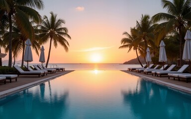 Idyllic sunset beach scene, infinity pool in luxury resort, tropical landscape with palm trees and sun loungers and closed umbrellas. Luxury summer holiday and beach vacation concept. High quality