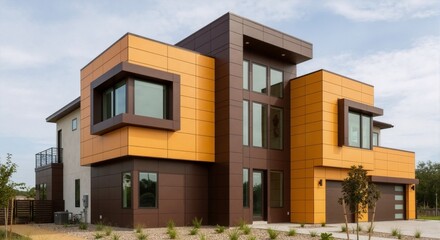 Fototapeta premium The exterior of a modern multi-story home with a geometric design. Contemporary residential architecture with brown and yellow paneling. Luxury real estate property in a suburban neighborhood