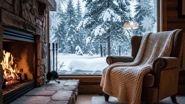 Nestled by the roaring fire, a cozy armchair awaits as snow falls softly outside the large window. The serene mountain landscape enhances the warmth and comfort of this peaceful evening.