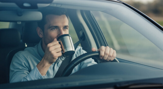 A man driving a car while drinking coffee from a stainless steel travel mug. Driver on a morning commute or road trip