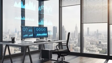 The 4k technology in a bright office displays financial data on monitors, with a desk and cityscape visible through the large window, creating a modern work environment. - Powered by Adobe