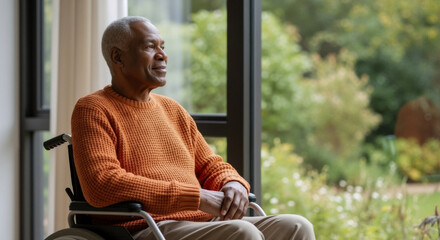 Thoughtful senior African American man in a wheelchair looking out a window at home. Elderly disabled person contemplating retirement and the future