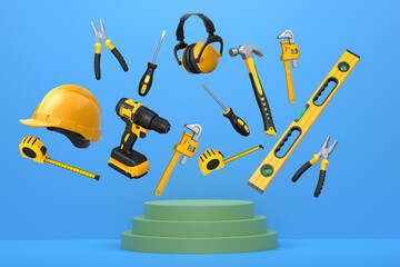 Fototapeta na wymiar Construction tools and safety equipment floating over podium on abstract background, industrial work and protection concept