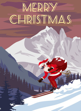 Merry Christmas poster Santa Claus skiing in snow mountains