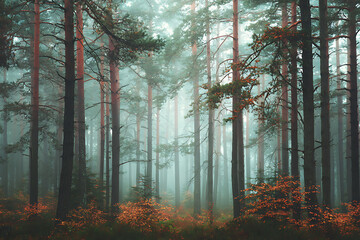 Immerse yourself in the tranquil beauty of a misty forest, where towering pines meet the soft glow of dawn creating a serene and captivating scene
