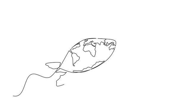 Self drawing animation of continuous one line drawing side view, turtle with world map shell swimming. Cute animals that can be kept as pets but are endangered. World Turtle Day. Full length animated