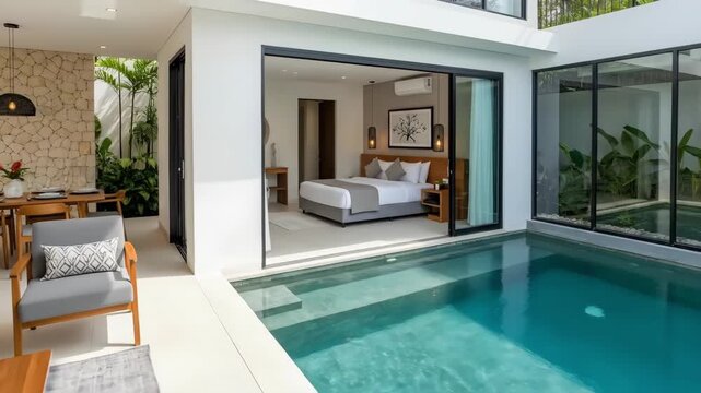 4k aerial view of a luxurious villa displaying a clear blue swimming pool extending into an open-plan bedroom, with sunlight highlighting textures and modern design.