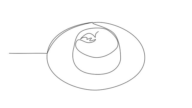 Self drawing animation of single one line drawing vanilla pudding topped with mint leaves and caramel sauce. Simple yet luxurious presentation. National Vanilla Pudding Day. Full length animated