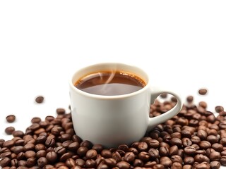 Obraz premium Steaming Coffee in White Mug Surrounded by Roasted Beans on Minimal White Background