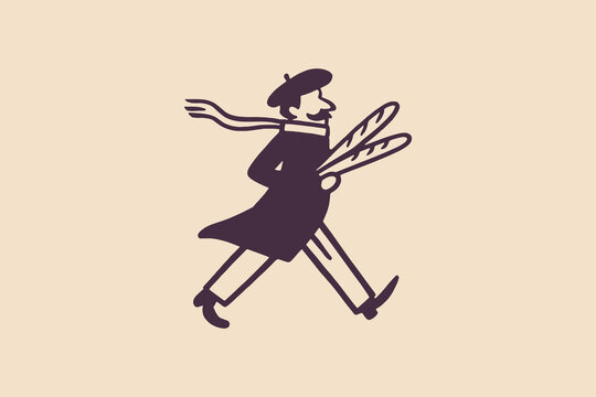 man walking with baguettes minimalist sketch vector illustration